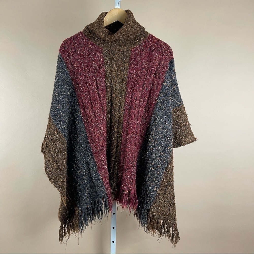 VINTAGE Curio Anthropologie Funnel-Neck Fringe-lined Poncho Shrug Sweater Boho